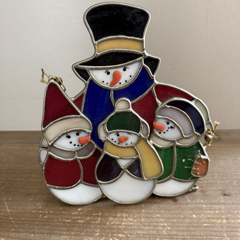 Snowman family Slag Glass Candle Holder 7” High Christmas Holiday Winter